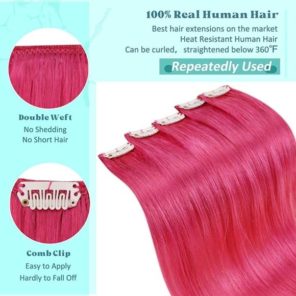 16" 100% Human Hair Clip In Extensions 5pcs 25g HOT PINK - Picture 4 of 9